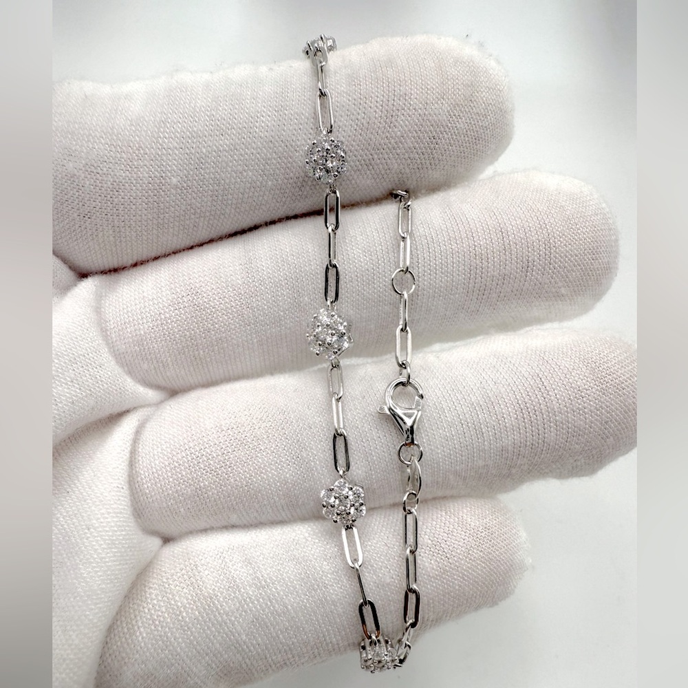 .925 Sterling Silver Cz Flower Bracelet - Picture 3 of 16